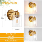 Brushed Gold Wall Sconce, Gold Vanity Light Modernbathroom Light fixtures with Clear Glass Shade Entrance Lamp Hallway Living Room Mount Bathroom Fixtures for Mirror (2PACK)