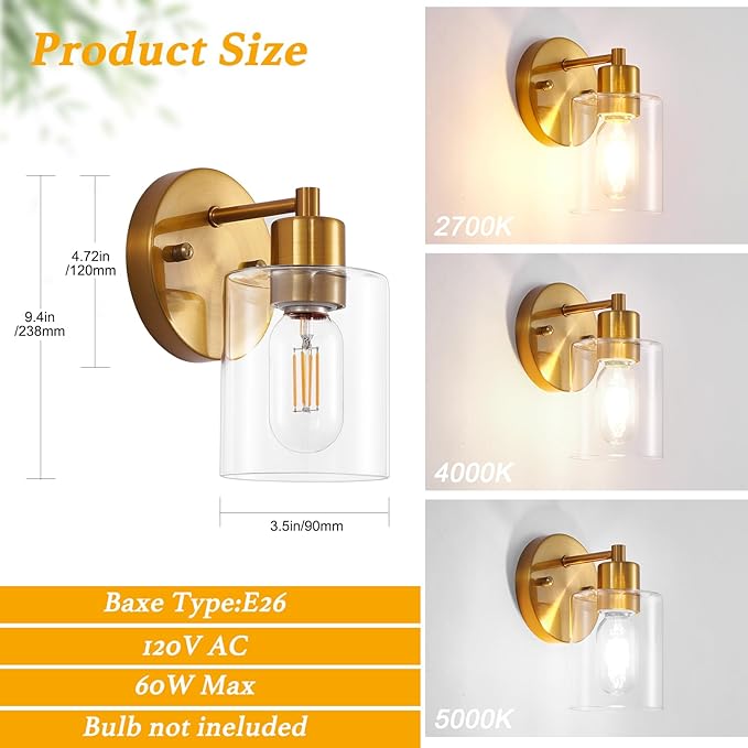 Brushed Gold Wall Sconce, Gold Vanity Light Modernbathroom Light fixtures with Clear Glass Shade Entrance Lamp Hallway Living Room Mount Bathroom Fixtures for Mirror (2PACK)