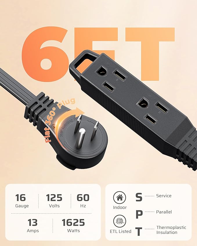 DEWENWILS 6FT 360° Rotating Flat Plug Extension Cord/Wire, 16AWG Multi 3 Outlet Extension Cord, 3 Prong Grounded Wire for Small Appliances, 2 Pack, Black