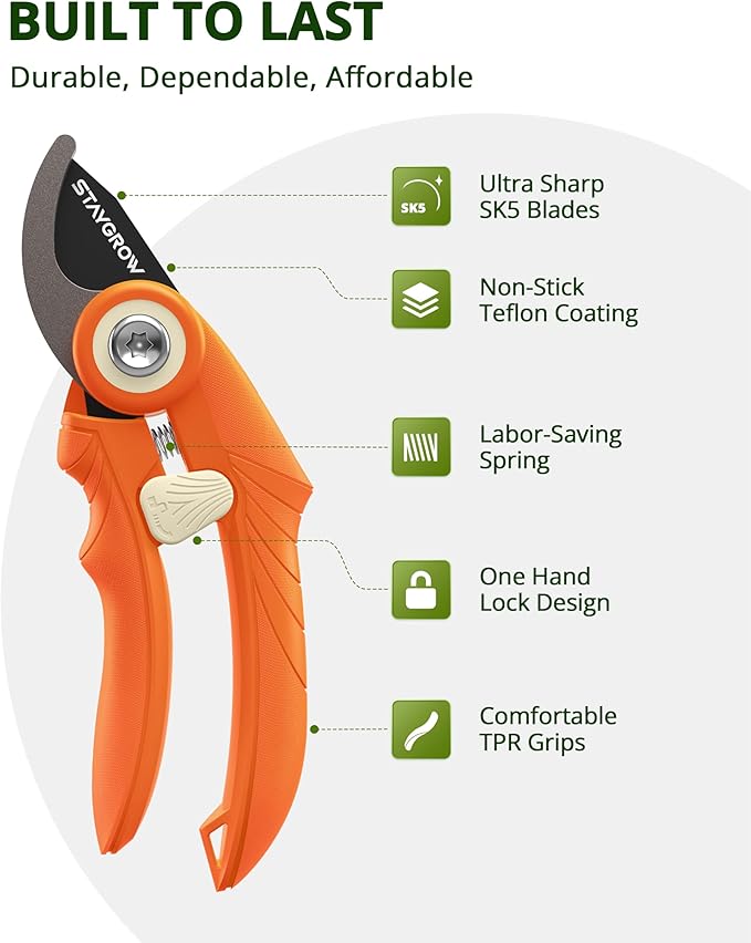 Pruning Shears, Garden Shears - 6.9" Garden Clippers, Gardening Scissors with Rust Resistant SK5 Stainless Steel Blade, Cuts 3X Easier, Weak Hand Arthritis Pruners for Gardening - Orange