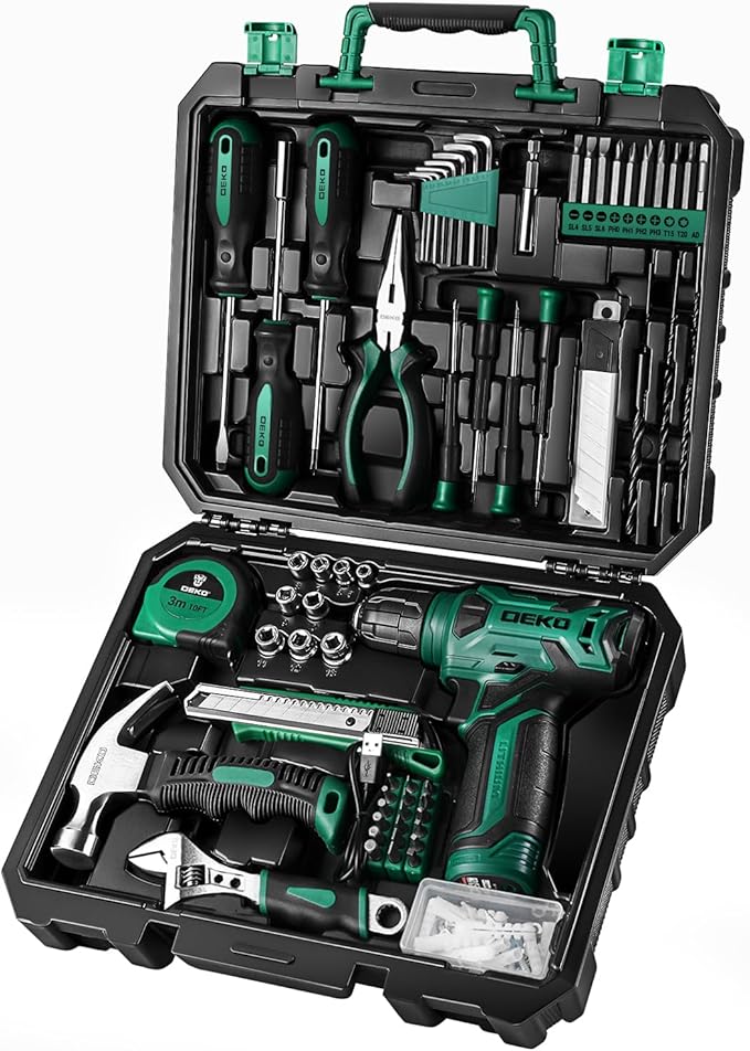 Tool Kit: 8V Cordless Drill, Home Toolbox with storage case, Hand Tool set for Home Repairs 126 Piece, Green
