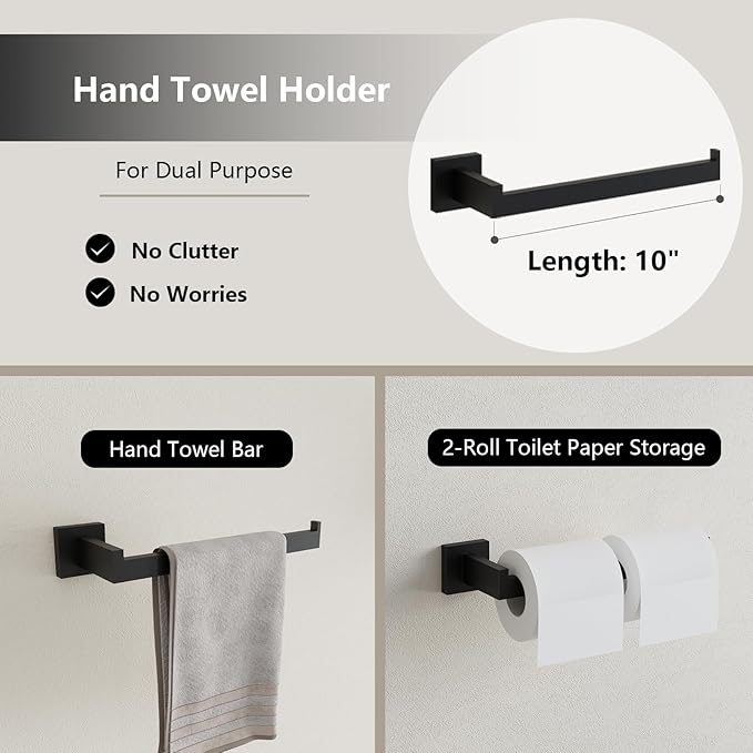 6-Piece Matte Black Bathroom Hardware Accessories Set - 24 Inch Towel Bar Set, SUS304 Stainless Steel Towel Holder Set, Hand Towel Holder, Heavy Duty Wall Mounted Modern Hand Towel Bar for Bathroom