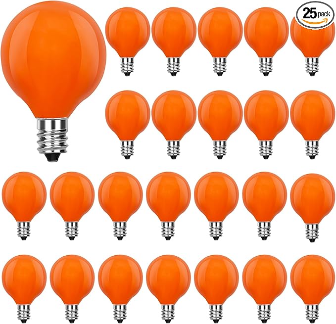 Abeja G40 Orange Replacement Bulbs,G40 Halloween Globe Light Bulbs, 5W Incandescent Glass Bulbs for Indoor Outdoor Patio String Lights,C7/E12 Base, 25 Pack