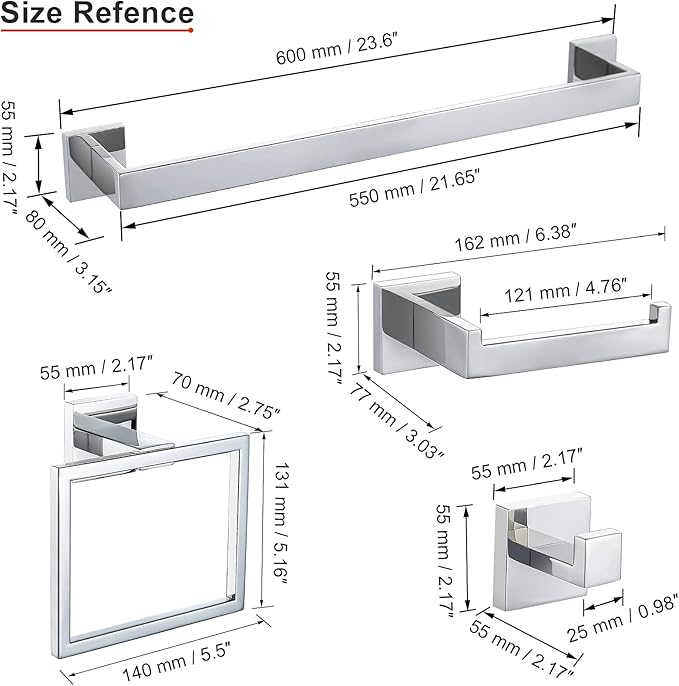 4-Piece Bathroom Hardware Set Chrome Bath Towel Bar Holder Sets Wall Mounted Stainless Steel Bathroom Accessory Kit, Polished Chrome 23.6 Inch