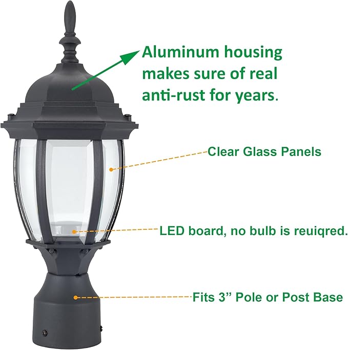 LIT-PaTH LED Outdoor Post Lighting Fixture, Pole Lantern, 9.5W 800 Lumens, 3000K Warm White, Aluminum Housing Plus Glass, Matte Black Finish, 2-Pack