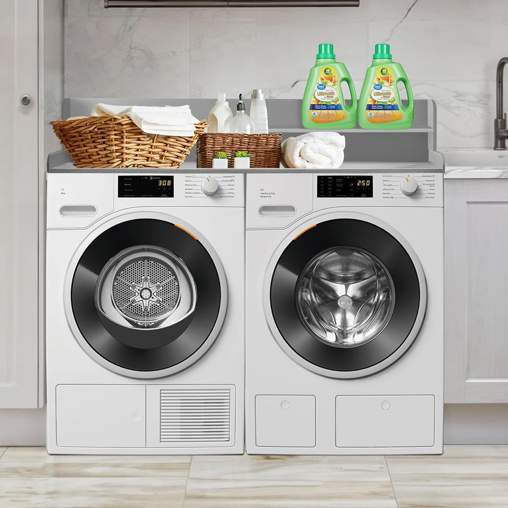 Royxen Laundry Countertop with 2-Tier Shelf Universal Fit, Washer and Dryer Countertop with Storage Space, Shelf Height 11.5 Inches, Solid Wood, Grey