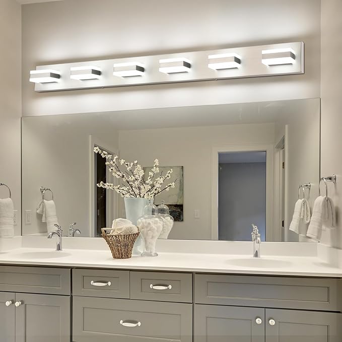 SOLFART LED Modern Bathroom Vanity Lights Over Mirror Fixture Brushed Nickel Vanity Light 6 Light LED Nickel Wall Light