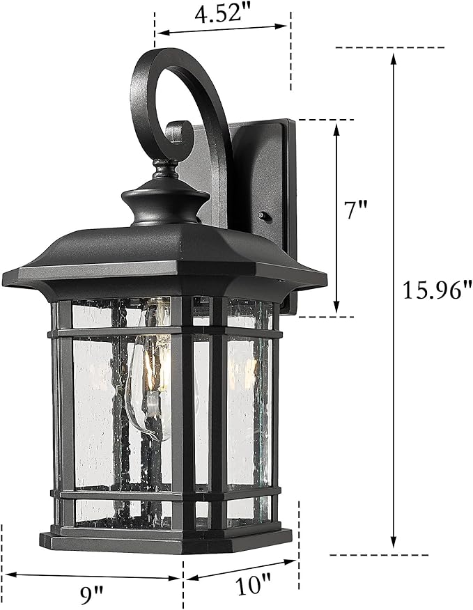 Exterior Wall Sconce, Outdoor Waterproof Wall Mount Light Fixture, E26 Socket Anti-Rust Matte Black Finish Outdoor Lighting Fixture,Outside Lantern Lamp with Seeded Glass (Black, 15.96 Inch Height)