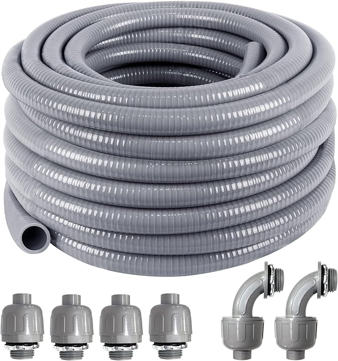 1-1/4inch 50FT Electrical Conduit Kit,Liquid-Tight Conduit and Connector Kit with 4 Straight and 2 Angle Fittings Included,Flexible Non Metallic Liquid - Tight Conduit(1-1/4" Dia,50 Feet)