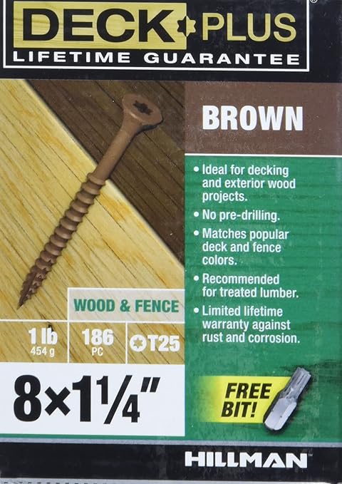 Deck Plus 1-1/4 Inch Epoxy Coated Exterior Wood and Fence Screws #8 x 1-1/4" Torx/Star Drive Included Coarse Thread, Outdoor Rust Resistant Decking Screw, Brown, 1lb Box, 186 Pieces | 49000