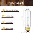 4 Pack T10 Tubular Light Bulbs, 25W Bulb, Clear Incandescent, E26 Medium Base, Warm White, Dimmable Vintage Tubular Style Showcase Bulb