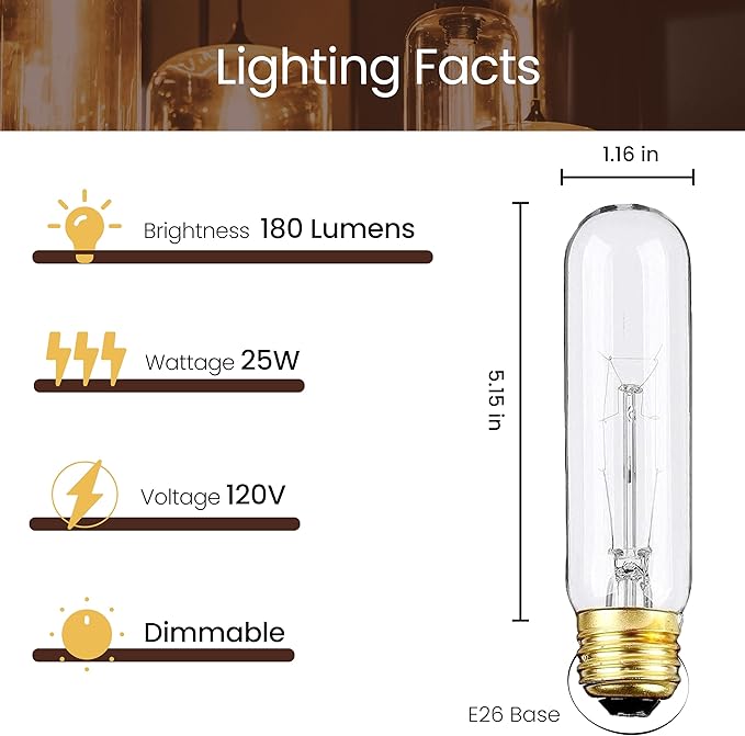 6 Pack T10 Tubular Light Bulbs, 25W Bulb, Clear Incandescent, E26 Medium Base, Warm White, Dimmable Vintage Tubular Style Showcase Bulb