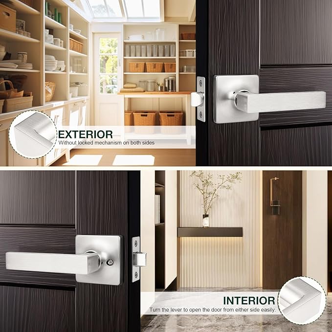 GOBEKOR 1 Pack Passage Lever Door Handles Satin Nickel Straight Door Levers for Closet Door Lock Keyless Square Interior Door Handle with Lock