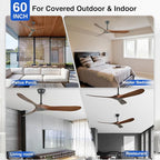 60 Inch Wood Ceiling Fan No Light,ETL Listed Farmhouse Outdoor Ceiling Fans for Patios with Remote,3 Blade Low Profile Windmill Propeller Room Fan with High CFM DC Motor for Exterior Pergola(Walnut)
