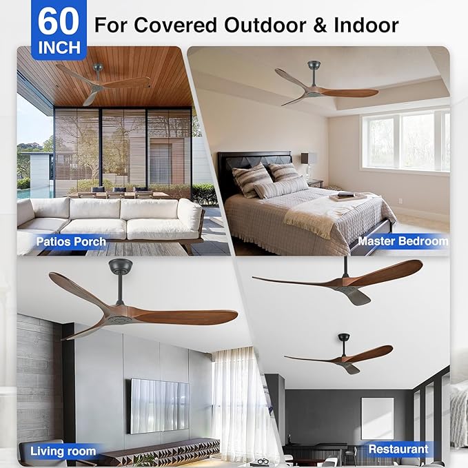 60 Inch Wood Ceiling Fan No Light,ETL Listed Farmhouse Outdoor Ceiling Fans for Patios with Remote,3 Blade Low Profile Windmill Propeller Room Fan with High CFM DC Motor for Exterior Pergola(Walnut)