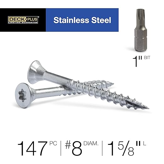 Deck Plus 1-5/8 Inch Epoxy Coated Exterior Wood and Fence Screws #8 x 1-5/8" Torx/Star Drive Included Coarse Thread, Outdoor Rust Resistant Decking Screw, Silver, 1lb Box, 1015 Pieces | 48462