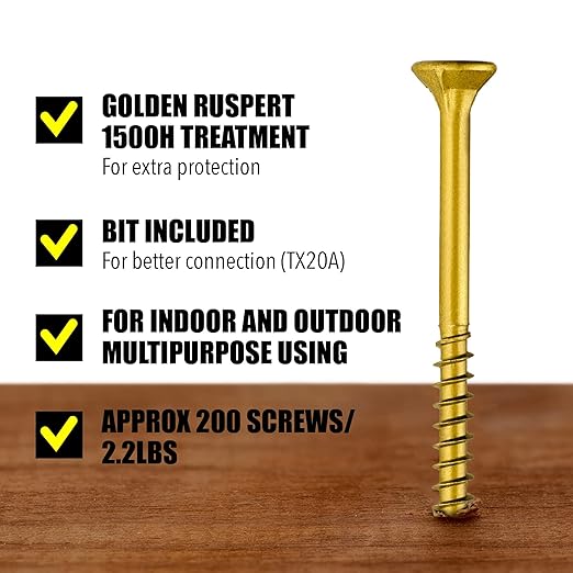 #9 x 3’’ Wood Screws by Grindy (200pack/2.5LBS) – Self-Drilling Deck Screws I Rust Resistant I Quick Drive & Fast Grip I for Cabinet, Furniture & Other Projects I T20 Star Drive I Bit Included