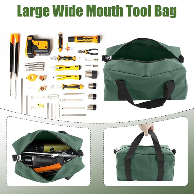 Small Tool Bag,Close Top Wide Mouth Tool Organizer Bag,Large Capacity Tool Bags for Men,Canvas Tool Storage Bag for Storage Handbag for Screwdrivers,Wrench,Pliers Hand Tools (DarkGreen, 14 Inch)
