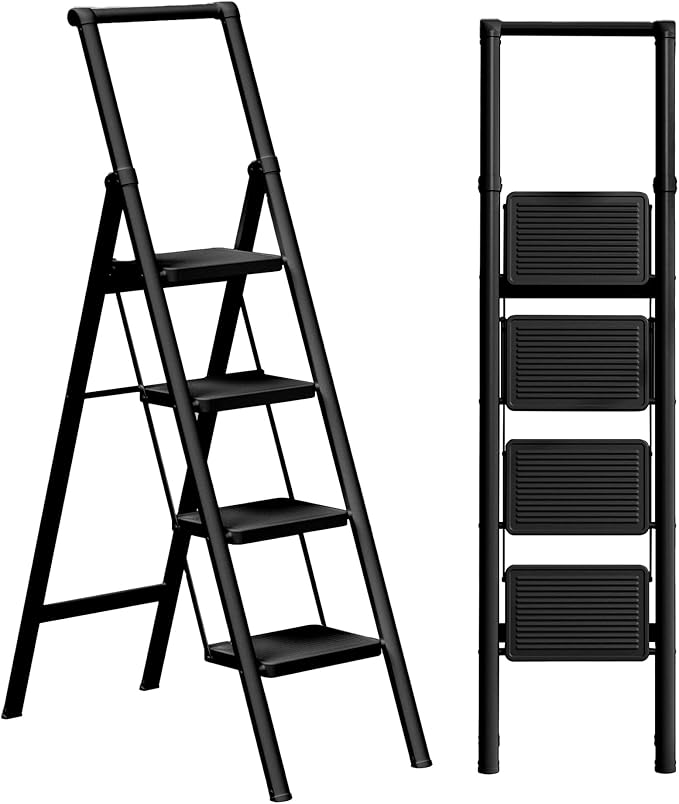 GameGem 4 Step Ladder Folding Iron Step Stool Stepladders with Anti-Slip and Wide Pedal for Home and Kitchen Use Space Saving (Black)