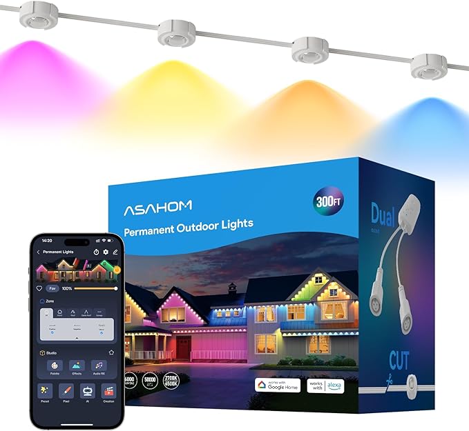 ASAHOM AI Permanent Outdoor Lights S107D, 200FT with 144 RGBCW LED Lights and Dual Output, 30,000 Lighting Effect Combination, IP67 Waterproof for House Halloween Christmas and Daily Decoration, White