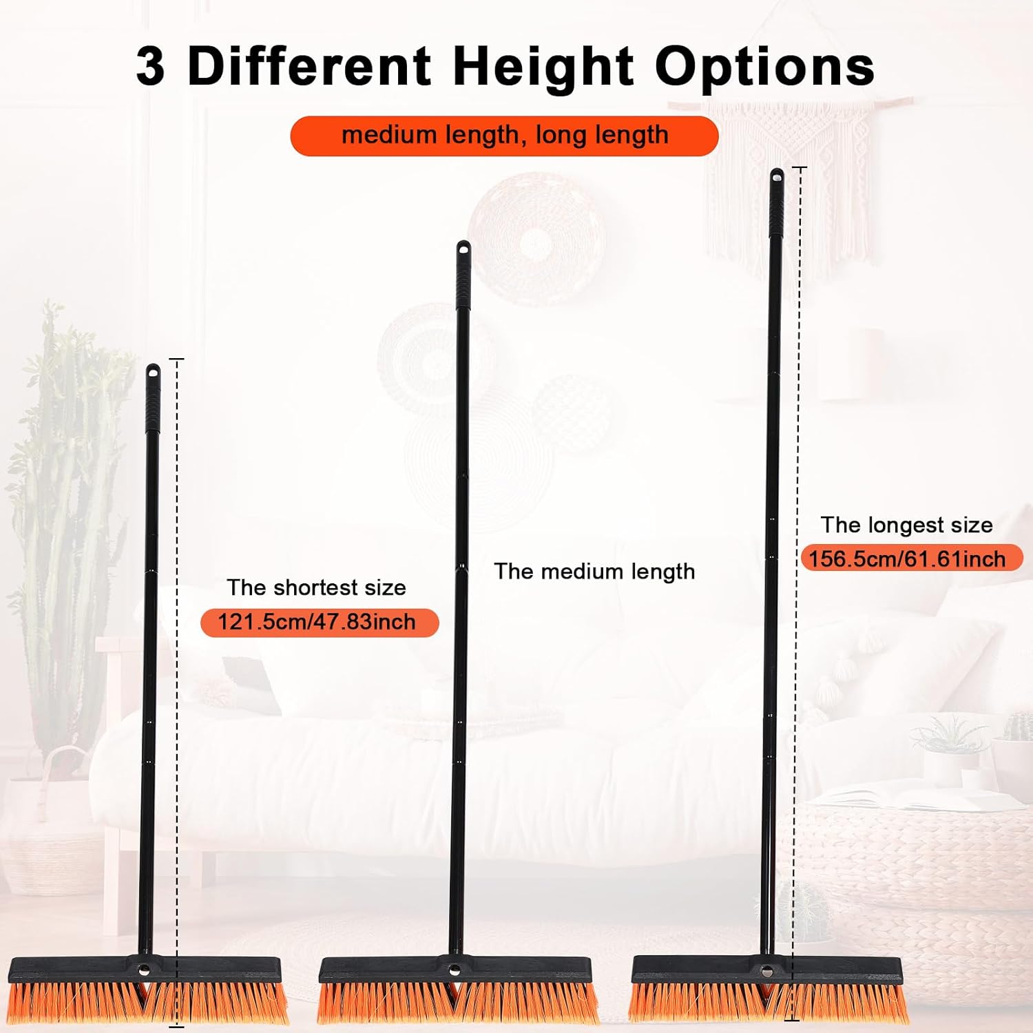Zhehao 6 Pack 18 Inches Push Broom Outdoor, Multi Surface Garden Brush Broom with Adjustable 63" Long Handle for Deck, Driveway, Patio, Warehouse, Garage, Yard, Concrete Floor Cleaning (Orange)