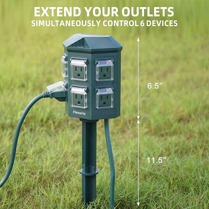 Flexora Outdoor Power Strip with 24-Hour Mechanical Timer, 50 FT Extension Cord Waterproof, 6 Grounded Outlets for Outdoor Christmas Decorations, ETL Listed