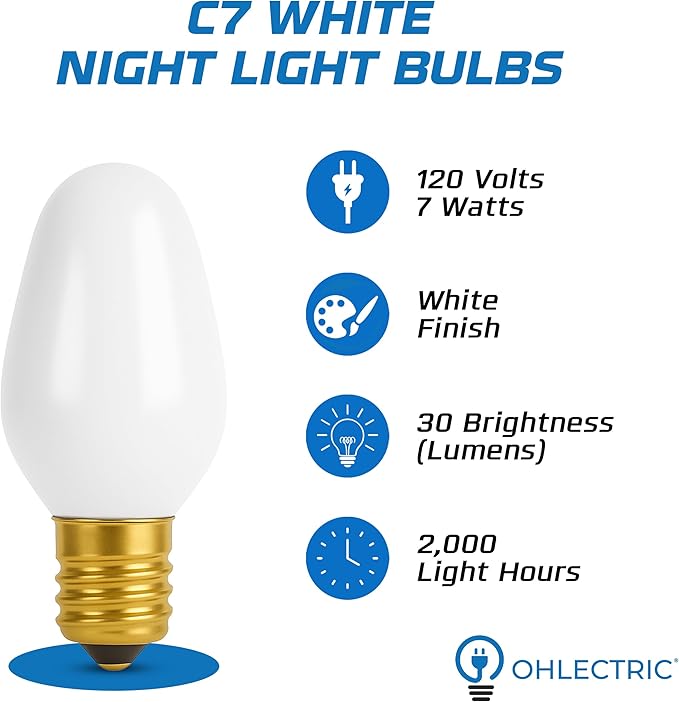 OHLECTRIC Night Light Bulbs (24 Pack – White), 7 Watt Mini Bulbs – E12 Candelabra Base, Non-Dimmable, 120 Volts – C7 Night Light Lamp Replacement Bulb for Salt Lamps, Window Candles, Holiday Decor