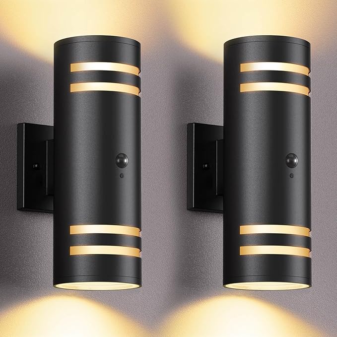 SHlMR Motion Sensor Outdoor Lights 2 Pack, Modern Dusk to Dawn Outdoor Lighting with Bulbs Include, Black Exterior Sconce Up and Down Motion Detector Lights for House Porch Garage, ETL Listed