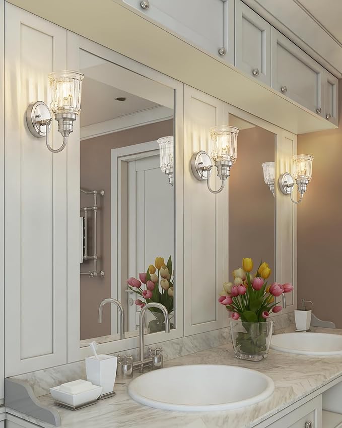 Brushed Nickel Wall Sconce, HWH Modern Sconce Wall Lighting Vanity Sconce Lights for Bathroom, 1-Light Wall Sconce with Bell-Shaped Fluted Glass, 5HZG106B BN