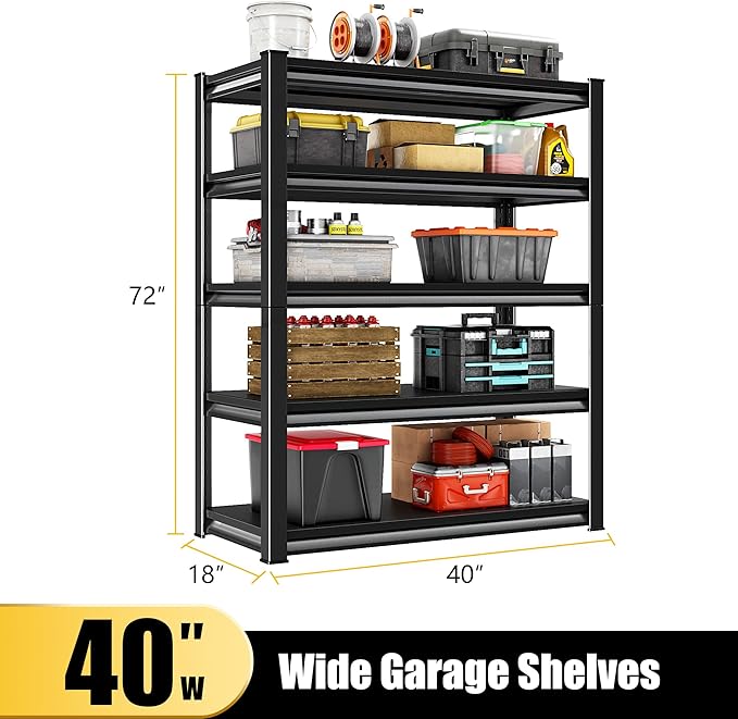 40" W Garage Shelving Heavy Duty, 2250LBS Loads Garage Storage Shelves Heavy Duty, 5-Tier Metal Shelving Units and Storage Racks, Industrial Utility Shelf,40" Wx18 Dx72 H, Black