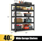 40" W Garage Shelving Heavy Duty, 2250LBS Loads Garage Storage Shelves Heavy Duty, 5-Tier Metal Shelving Units and Storage Racks, Industrial Utility Shelf,40" Wx18 Dx72 H, Black