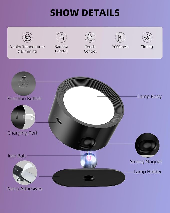 Wall Mounted Lights, 2 Pack Rechargeable RGB Color Changing Light, 3 Color Temps & Remote and Touch, 360°Rotation Dimmable Cordless for Study Bedroom Reading Bedside (Black)