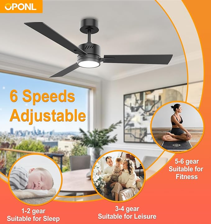 42" Black Ceiling Fan with Light, Remote Control, Downrod Mount, Noiseless, Reversible, 6CCT, Dimmable, 6 Speeds, Timeable, Ceiling Fan with Remote Control for Bedroom, indoor/outdoor