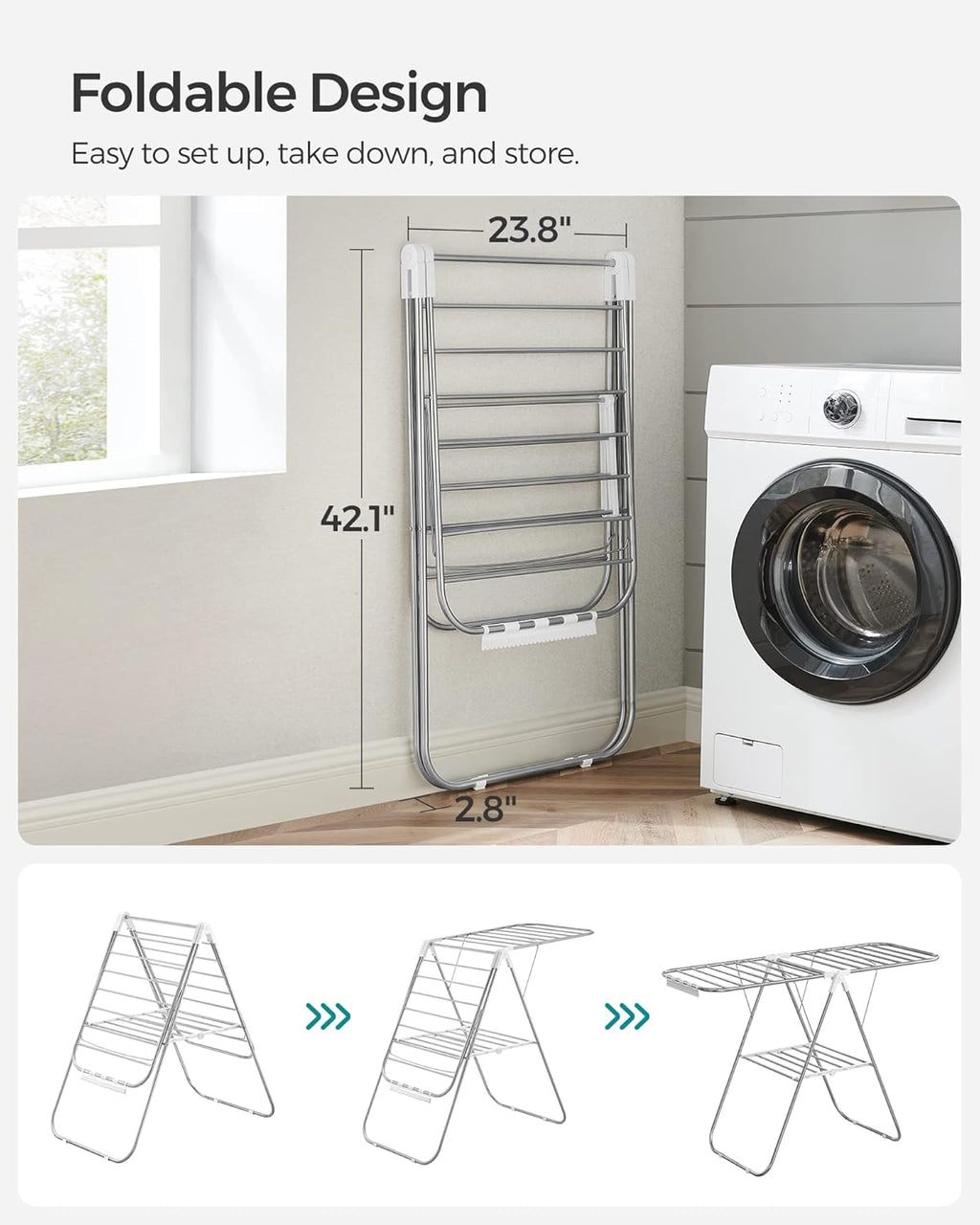 SONGMICS Clothes Drying Rack, with Sock Clips, Metal Laundry Rack, Foldable, Space-Saving, Free-Standing Airer, with 2 Height-Adjustable Gullwings, Indoor Outdoor Use, Silver and White ULLR052W01