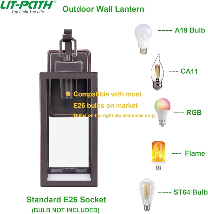 LIT-PaTH Outdoor Wall Lantern, Wall Sconce as Porch Lighting Fixture, E26 Medium Base Max 60W, Anti-Rust Metal with Glass Shade, Oil Rubbed Bronze Finish, 1-Pack