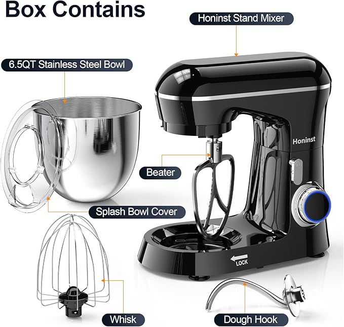 Stand Mixer, 6.5QT 10-Speed Tilt-Head Electric Stand Mixer, 3-In-1 Kitchen Mixer with Bowl, Dough Hook, Whisk and Beater, Food Mixer for Baking, Cake and Most Home Cooks, Black