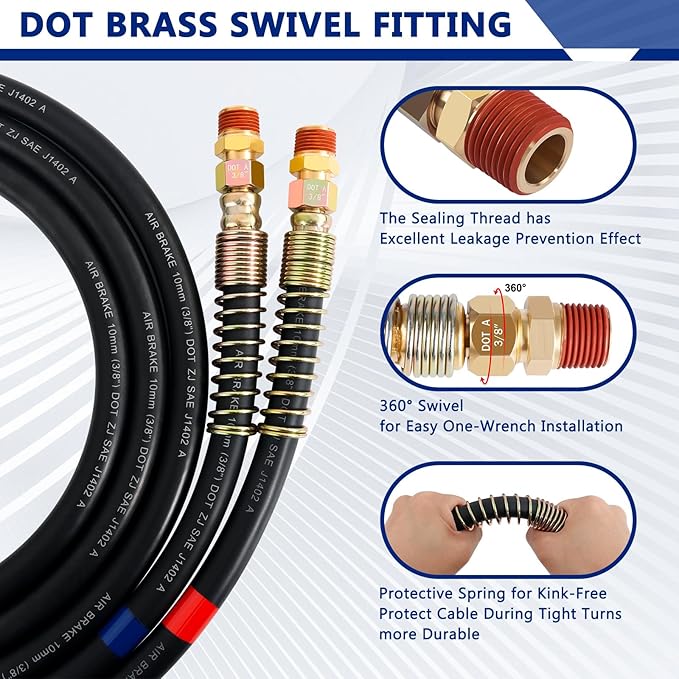15 FT Air Line Hose Assembly with 1/2" NPT Swivel Fitting Straight Heavy Duty Power Hoses Set Spring Guard Grips DOT Fittings on Both Ends with Glad Hands Set for Semi Truck Trailer Tractor