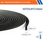 MAGZO Weather Stripping Door Seal, 1/4 Inch Wide X 1/8 Inch Thick Adhesive Foam Tape Soundproof Weatherstripping for Windows, 3 Rolls Total 50FT Black