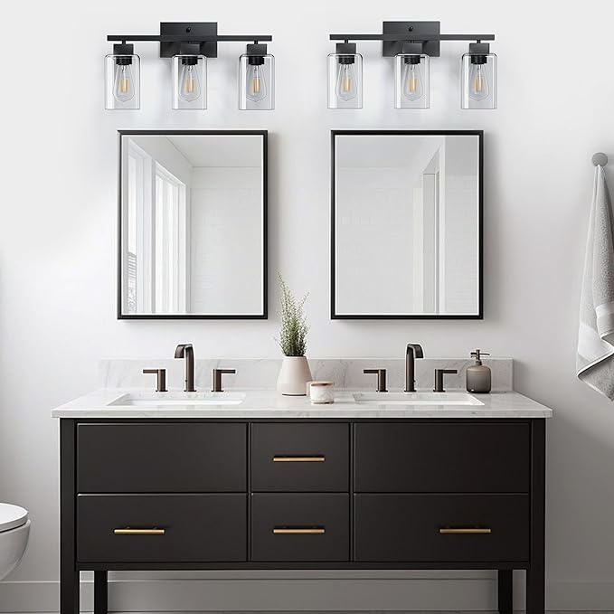 PARTPHONER 3-Light Bathroom Light Fixtures, Matte Black Modern Vanity Lights, Bathroom Lighting Fixtures Over Mirror, Square Design Farmhouse Wall Sconces with Clear Glass Shades