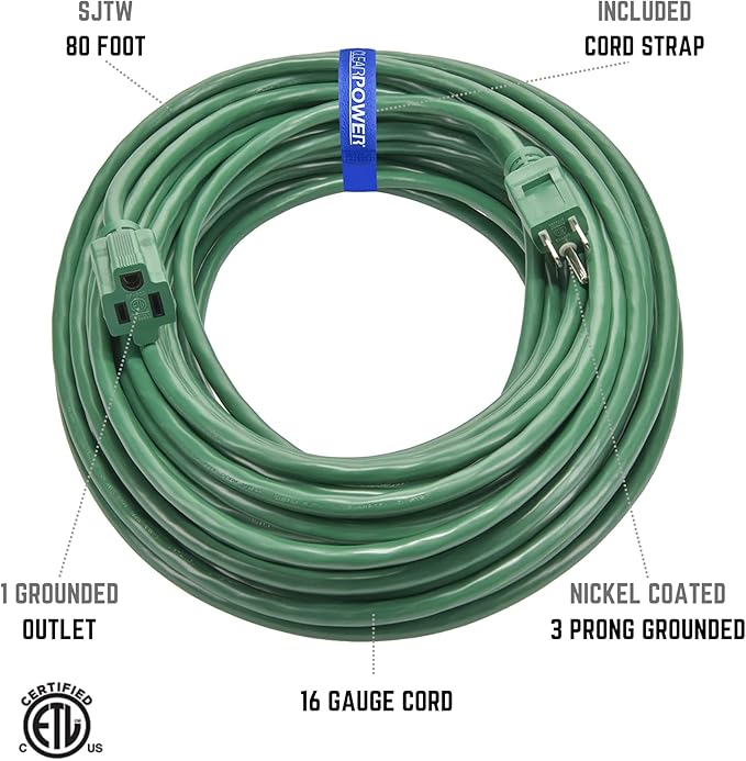 Clear Power 80 ft Lawn & Garden Outdoor Extension Cord 16/3 SJTW, Green, Water, Weather Resistant & Flame Retardant, 3 Prong Grounded Plug, for Christmas Lights and Holiday Decorations, CP10202
