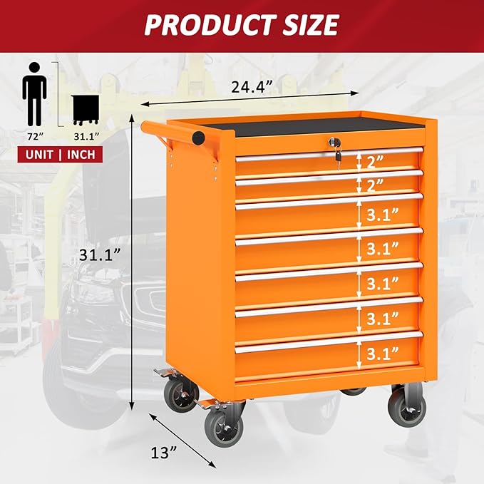 7 Drawers Rolling Tool Chest with Wheels, Portable Rolling Tool Boxes with Wheels, Tool Box Storage Cabinet with Locking System for Workshop(Orange, 7 Drawers)