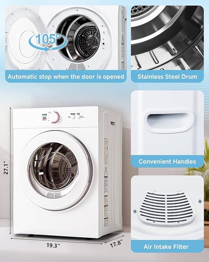 1.8 Cu.Ft Compact Dryer - 1020W Portable Clothes Dryer with Stainless Steel Tub, Front Load Tumble, Four Functions - Compact Drying Unit for Laundry, Apartments, Dorms