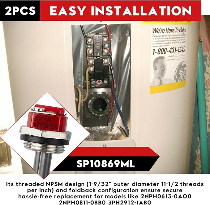 SP10869ML 240V 4500W Resistor Element fits for Rheem Water Heater Element, Replacement Part for Rheem, GE and Ruud Heaters, for Models 2NPH0613-0AO0, 2NPH0811-0BB0,3PH2912-1AB0, 3PH3003-1AA0