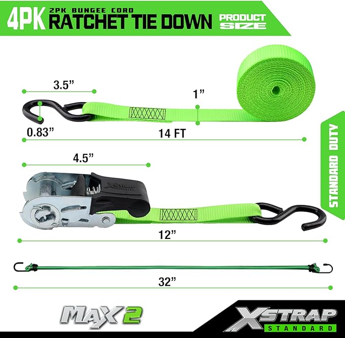 XSTRAP STANDARD Ratchet Tie Down Straps 4Pk 15Ft 1500Lb Break Strength, Cargo Straps for Moving Appliances, Lawn Equipment, Motorcycle, Includes 2 Bungee Cord