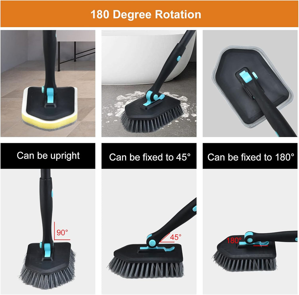 Long Handled Scrub Brush for Shower,3-in-1 Cleaning Brushes with 3 Different Function Cleaning Heads Brush for Shower Cleaning Bathroom Kitchen Walls Tub Tile (Black)
