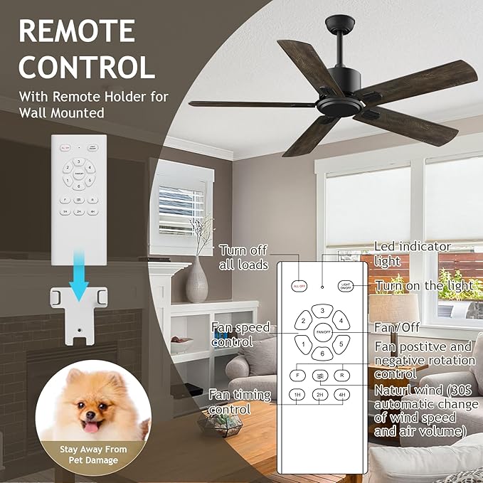 52 Inch Ceiling Fan No Light - Outdoor Indoor Flush Mount Low Profile DC Motor Fan with Remote, 5 Blades Reversible Silent Fan for Patio, Bedroom, Living Room, Garage, Brown