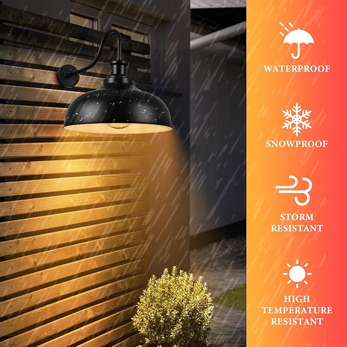 Dusk to Dawn Outdoor Gooseneck Barn Light,16 Inch Dome Outdoor Wall Sconce Farmhouse Exterior Wall Mount Light Wall Lighting Fixture Industrial Black Wall Lantern for Porch Garage, 3 Pack