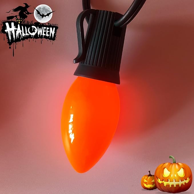 C9 Halloween Orange Replacement Bulbs 25 Pack, C9 Ceramic Orange Incandescent Bulb Christmas Light Bulbs for Halloween String Lights Outdoor Patio Christmas Lighting, E17 Intermediate Base, 7 Watts