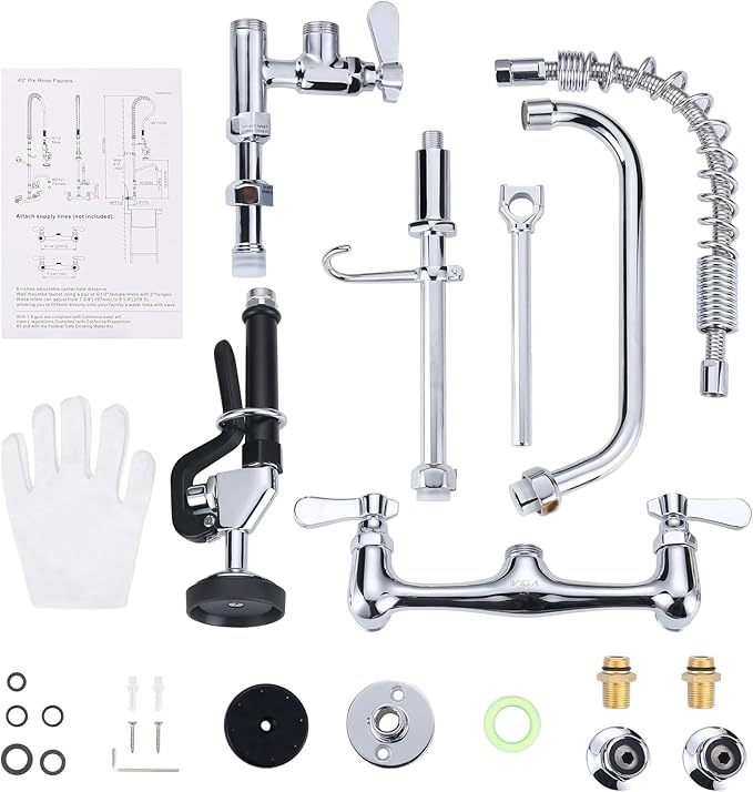 25" Height Commercial Faucet Wall Mount with Sprayer 8" Adjustable Center 9.6" Swing Spout, Kitchen Sink Faucet with Pull Down Pre-Rinse Sprayer for Restaurant Industrial Kitchen, Chrome