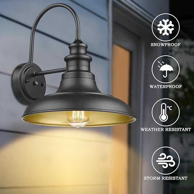 Dusk to Dawn Sensor Outdoor Barn Light Fixture, 12.3 Inch Dome Outdoor Wall Sconce Farmhouse Wall Mount Lights Exterior Gooseneck Light Fixture Black Finish Industrial Wall Lantern for Porch, 2Pack